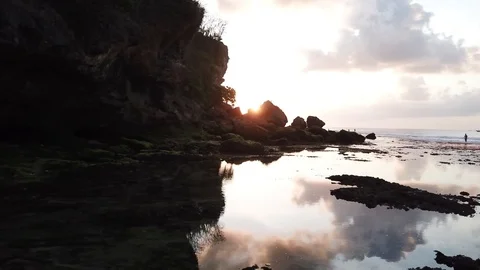 Cloud Reflection in Still Water on Shore with Sunset [Drone Footage] Stock Footage 96249957