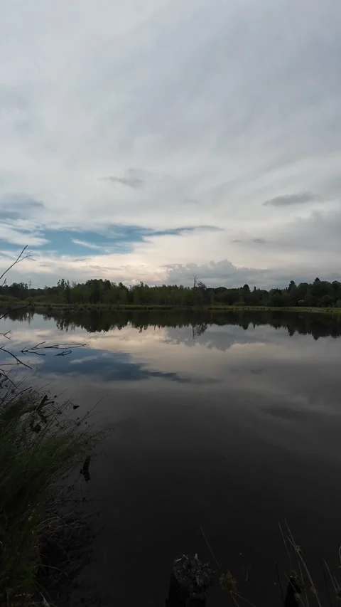 Cloud Reflections on a Calm Pond at Dusk Stock Footage 339628634