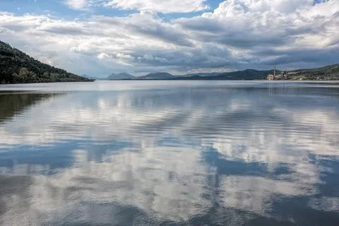 Cloud Reflections on Embalse De Puente Nuevo in Espiel, Cordoba Stock Photos