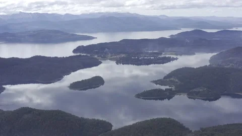 Cloud reflections over Nahual Huapi, Llao Llao, Resorts, Bariloche aerial shot Stock Footage 210158523