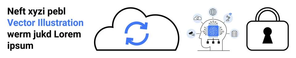 Cloud with refresh symbol, AI icon with interconnected elements, padlock repr Stock Illustration