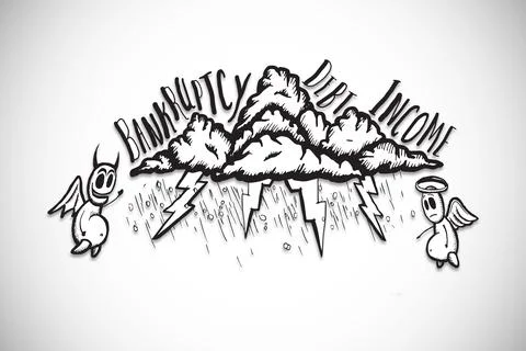 Cloud releasing lightning, raindrops in B and W doodle, showing BANKRUPTCY DEBT Foto stock