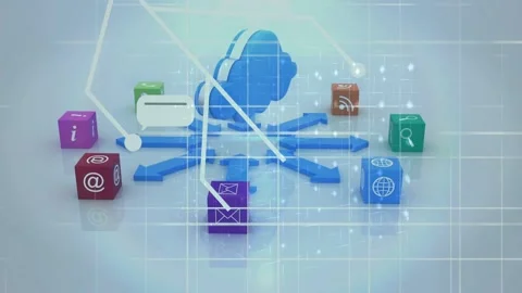 Cloud rising above radial arrows, starting connectors animating toward cubes, Stock Footage 334881761