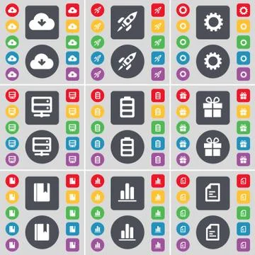 Cloud, Rocket, Gear, Server, Battery, Gift, Dictionary, Diagram, Text file icon Stock Illustration