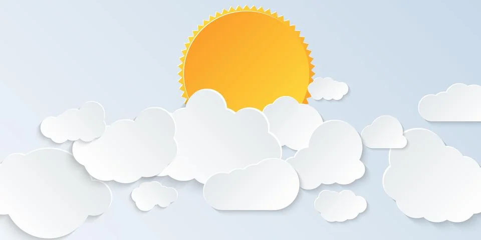 Cloud scape. Blue sky with clouds and sun in paper art style. Vector illustra Stock-Illustration