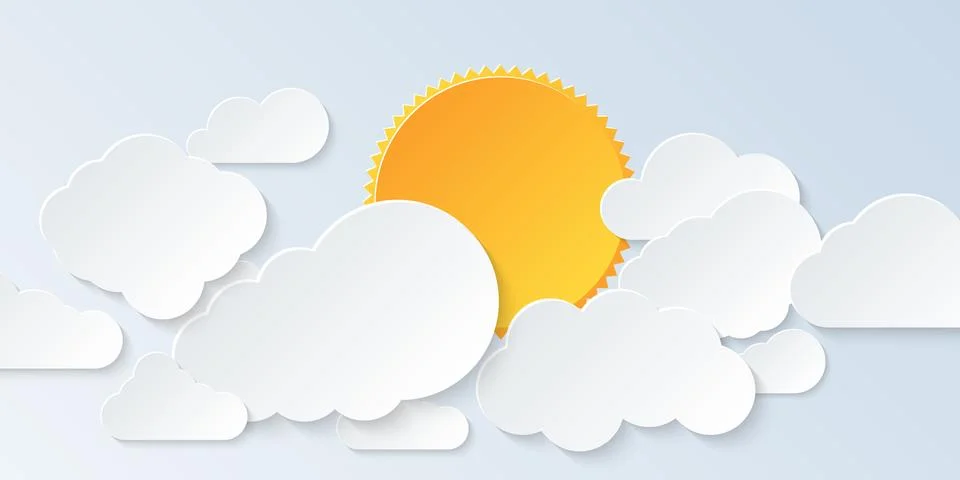 Cloud scape. Blue sky with clouds and sun in paper art style. Vector illustra Illustrazione stock