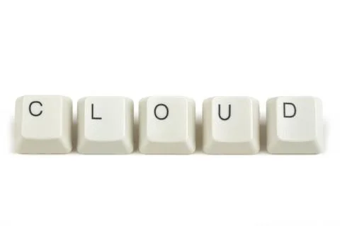 Cloud from scattered keyboard keys on white Foto stock