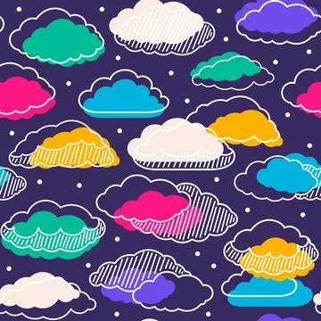 Cloud seamless pattern with lines, striped structure, vivid whimsical clouds on Illustrazione stock