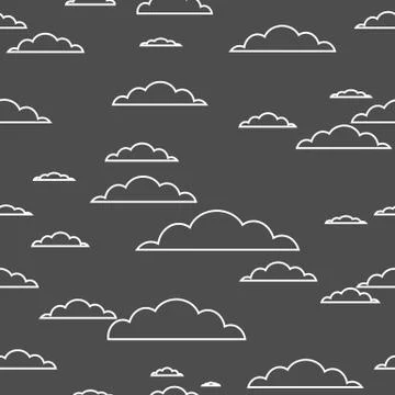 Cloud seamless pattern white contour on black background. Vector Stock Illustration