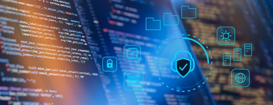 Cloud security, AI and data protection concept interface over programming cod Stock Photos