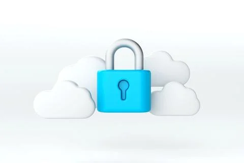 Cloud Security and Data Protection, blue padlock safeguards data, hovering .. Stock Illustration