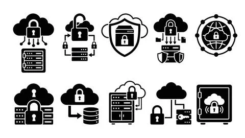 Cloud security and data protection icons with servers, databases, and firew.. Illustrazione stock