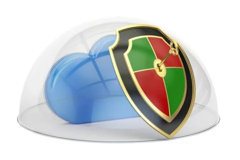 Cloud security concept. Computing cloud under a glass dome with shield, 3D .. Stock Illustration