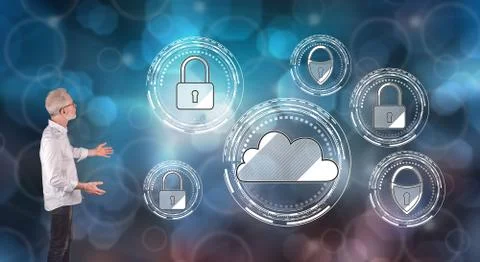 A cloud security concept explained by a businessman on a wall screen Foto stock