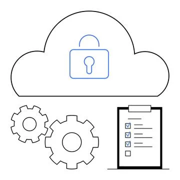 Cloud Security Concept with Gear Mechanisms and Checklist for Compliance an.. Illustrazione stock