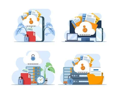 Cloud security illustration set featuring protected documents, encrypted storage Stock Illustration