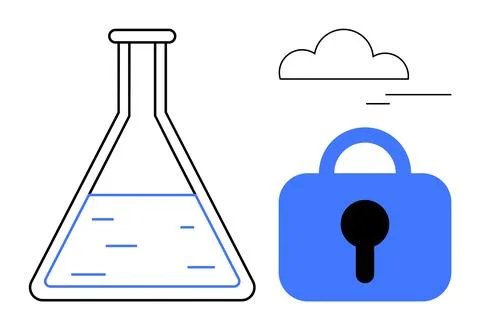 Cloud Security in Scientific Research Concept with Flask, Lock, and Cloud Ico Stock Illustration