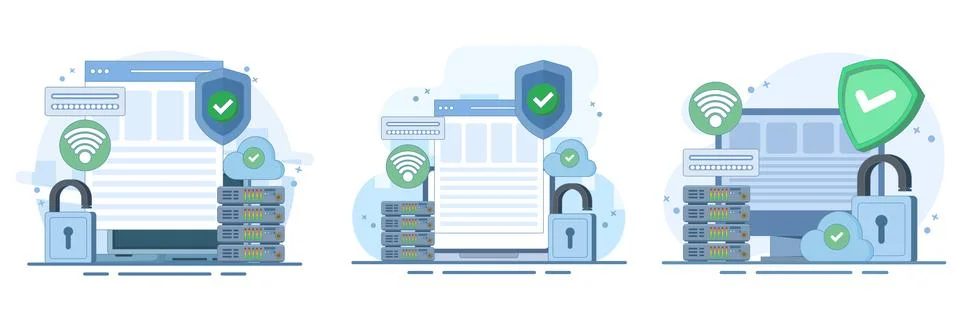 Cloud security set, personal data protection, secure information storage. Stock Illustration