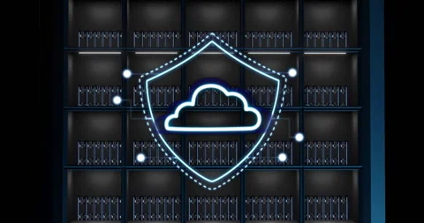Cloud security shield animation over server racks in data center Stock Footage 304767274