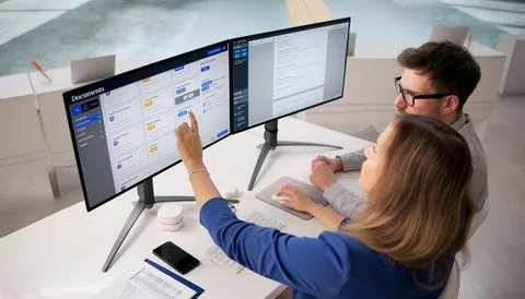 Cloud Security Specialist Analyzing Digital Database Records On A Computer Mo Stockfoto's