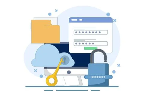 Cloud security system concept, Data stored on secure cloud server. Stock Illustration