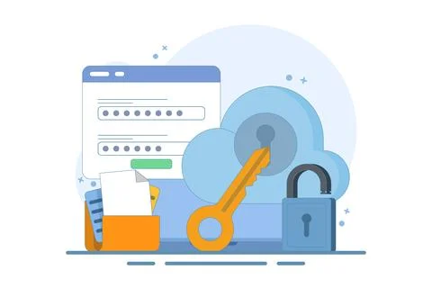 Cloud security system concept, Data stored on secure cloud server. 스톡 일러스트