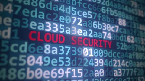 CLOUD SECURITY text and source code on the computer monitor, 3D rendering Illustrazione stock