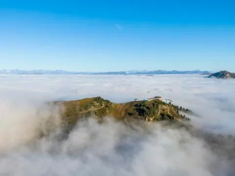 Cloud see around upper station of the Ciampinoi cable car in Italian Dolomites Stock Photos