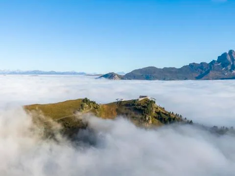 Cloud see around upper station of the Ciampinoi cable car in Italian Dolomites Stock Photos