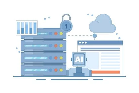 Cloud Server AI Service Concept, AI hosted on cloud server, Cloud hosting. Illustrazione stock