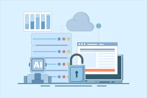 Cloud Server AI Service Concept, AI hosted on cloud server, Cloud hosting. Illustrazione stock