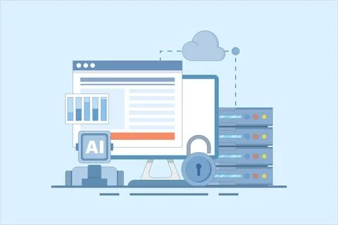 Cloud Server AI Service Concept, AI hosted on cloud server, Cloud hosting. Stock Illustration