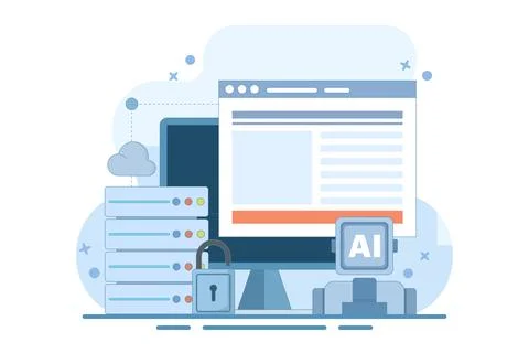 Cloud Server AI Service Concept, AI hosted on cloud server, Cloud hosting. Illustrazione stock