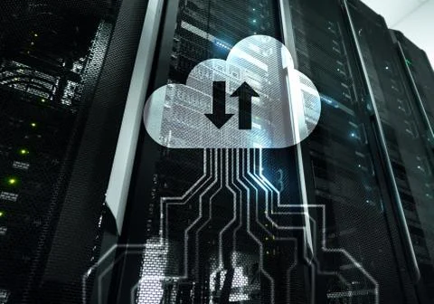 CLoud server and computing, data storage and processing. Internet and technol Illustrazione stock