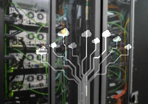 CLoud server and computing, data storage and processing. Internet and technol Illustrazione stock