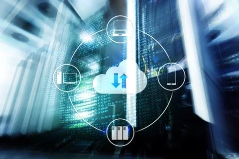 CLoud server and computing, data storage and processing. Internet and technol Illustrazione stock