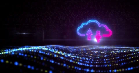 Cloud server and data storage symbol on flowing digital waves Stock Footage 320674582