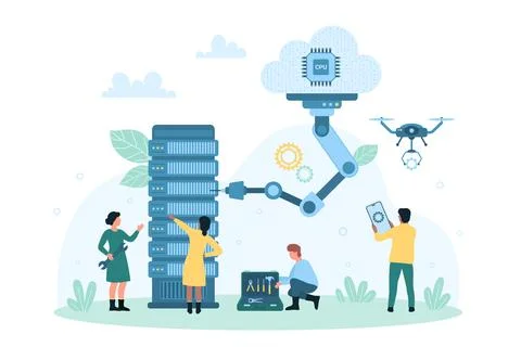 Cloud server automation process, tiny people control hardware with robot arm and Stock Illustration