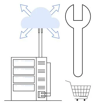 Cloud server connected to storage, large wrench symbolizing maintenance, and  Stock Illustration