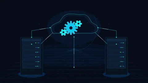 Cloud server data network animation featuring blue gears and connection Stock Footage 346540657