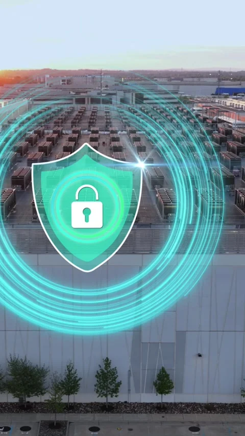 Cloud server facility in USA featuring a glowing green padlock shield animation Stock Footage 334997826