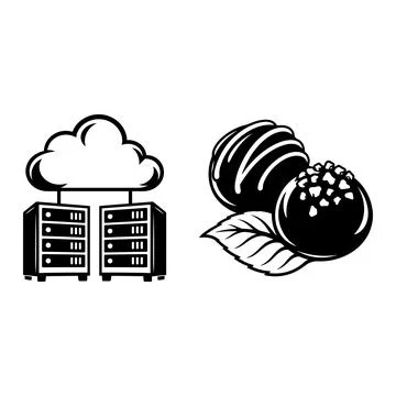 Cloud server infrastructure and chocolate truffle icons Stock Illustration