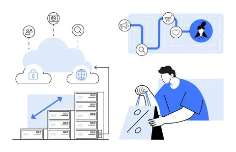 Cloud server with lock, data growth chart, search and shopping icons, and a p Stock Illustration