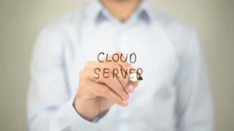 Cloud Server, man writing on transparent screen 스톡 사진