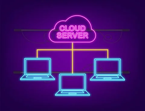 Cloud server neon icon. Cloud network server vector illustration concept. Stock Illustration