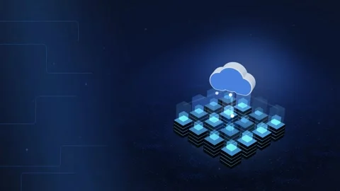 Cloud Server Room Isometric 3D Blue Glow Network Beams Digital Cloud Computing Vidéo 345094712