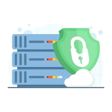 Cloud server security illustration showing protected data and digital assets Illustrazione stock
