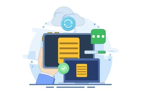 Cloud server storage concept, Uploading data to secure cloud server. Illustrazione stock