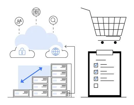 Cloud with servers, data security, and global connectivity symbols on left sh Stock Illustration