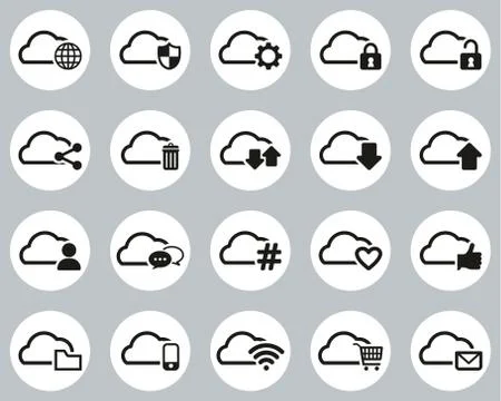 Cloud Service Black &amp; White Flat Design Circle Set Big Illustrazione stock